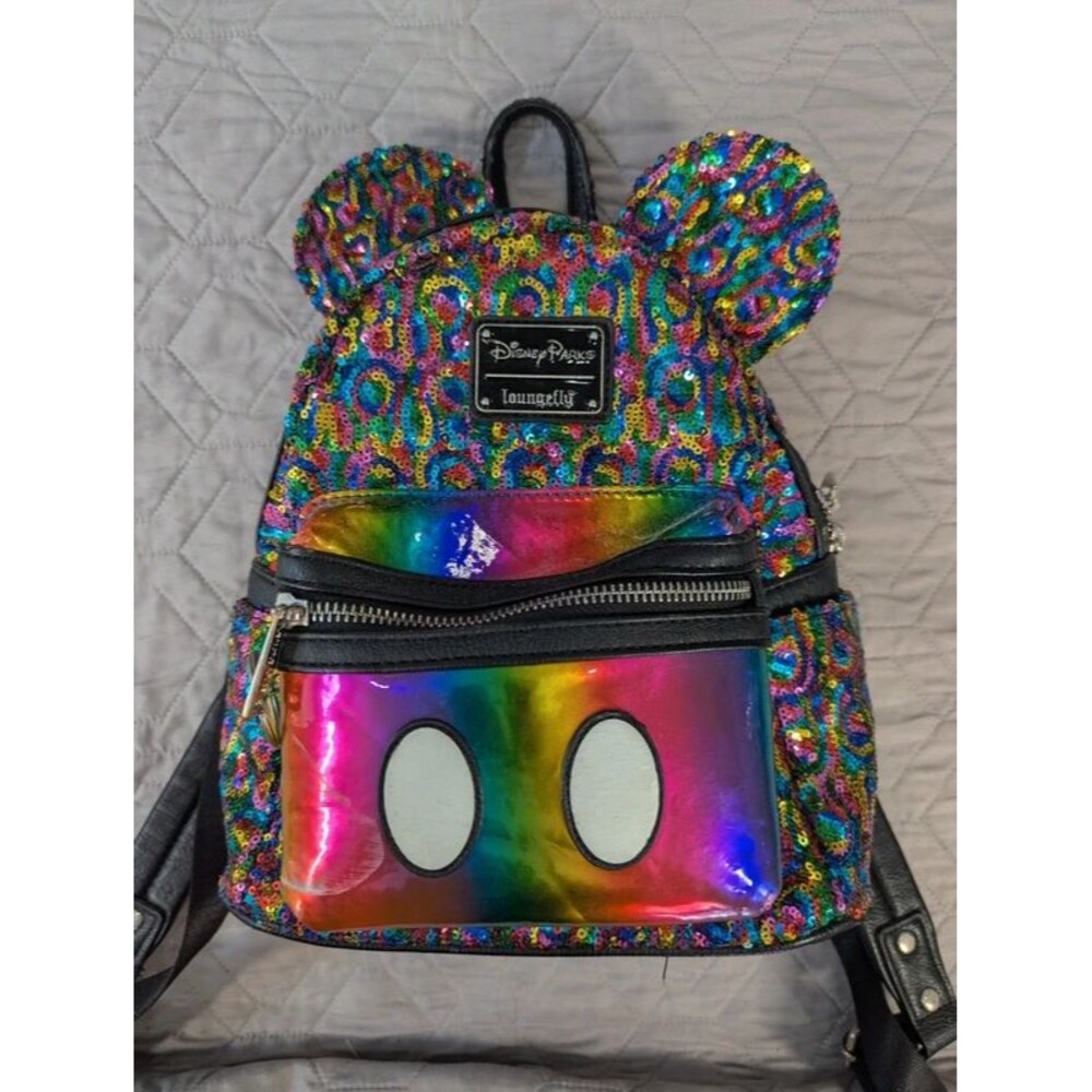 Disney Parks Loungefly Rainbow Sequin Mickey Mouse Mini Backpack Pride Metallic